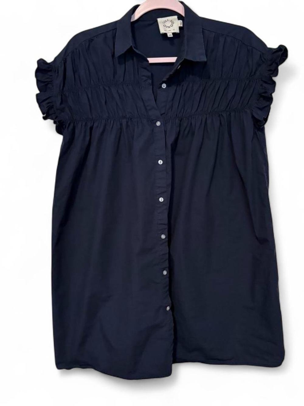 Lili Sidonio navy blue 100% cotton smocked ruffle mini dress xs